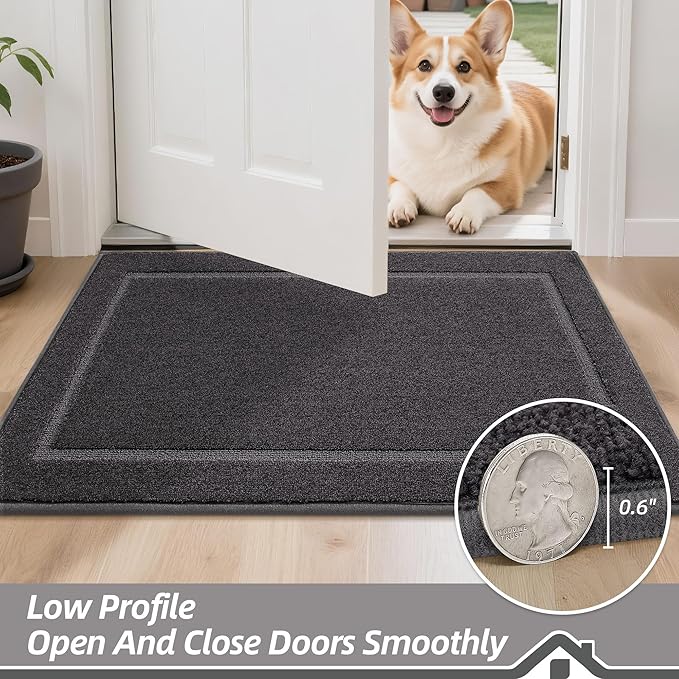 BEQHAUSE Dog Door Mat for Mud Paws Dirt Trapper Doormat Non-Slip Entryway Rugs Absorbent Welcome Mat Washable Indoor Floor Mat Low-Profile for Front Door, 20" x 32", Dark Grey