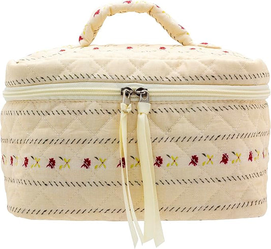 PAZIMIIK Quilted Makeup Bag Large Travel Zipper Soft Cosmetic Case for Women Girls Make Up,Little Flower Beige