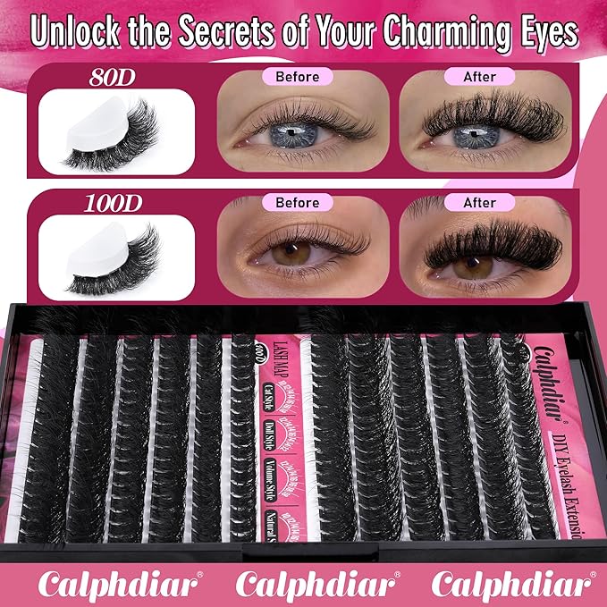Calphdiar Lash Clusters 80D+100D Thick Eyelash Clusters D-curly Cluster Eyelash Extensions Russian Cluster Lashes Wispy Lashes Clusters 234pcs False Mink Eyelashes 10-18mm DIY Lash Extension