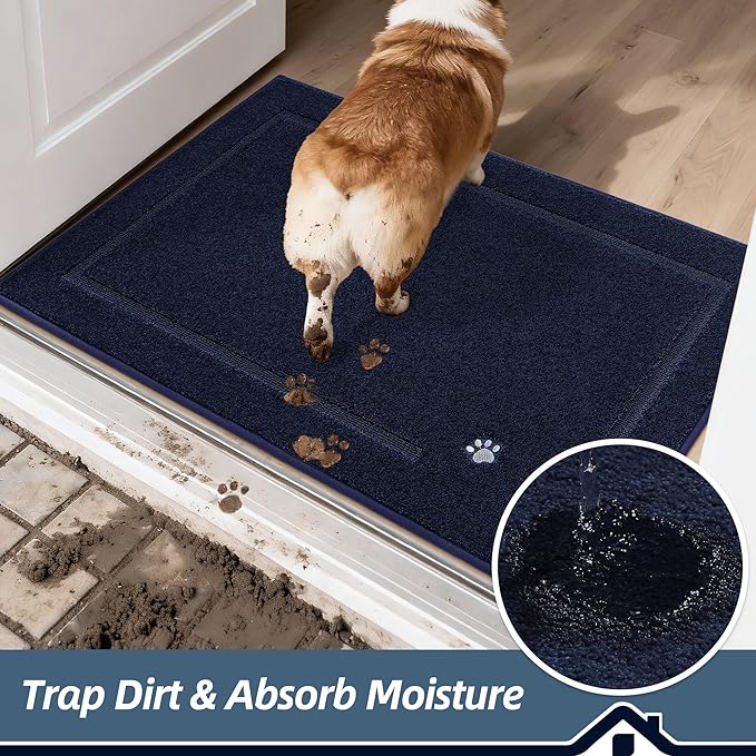 BEQHAUSE Dog Door Mat for Mud Paws Dirt Trapper Doormat Non-Slip Entryway Rugs Absorbent Welcome Mat Washable Indoor Floor Mat Low-Profile for Front Door, 24" x 36", Navy Blue