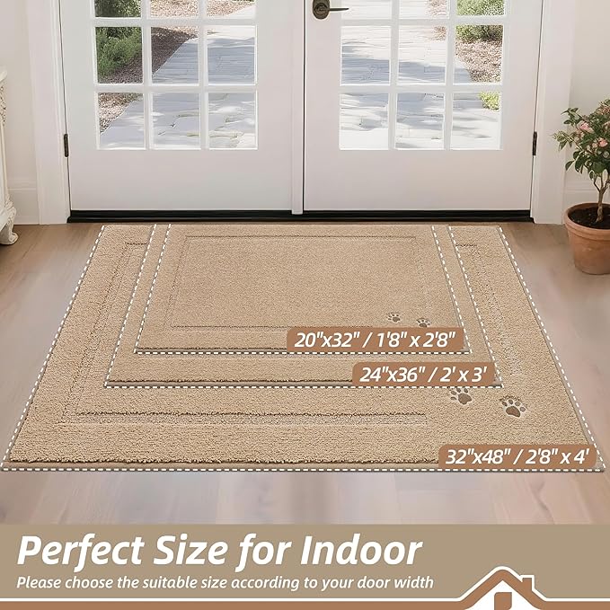 BEQHAUSE Dog Door Mat for Mud Paws Dirt Trapper Doormat Non-Slip Entryway Rugs Absorbent Welcome Mat Washable Indoor Floor Mat Low-Profile for Front Door, 20" x 32", Beige
