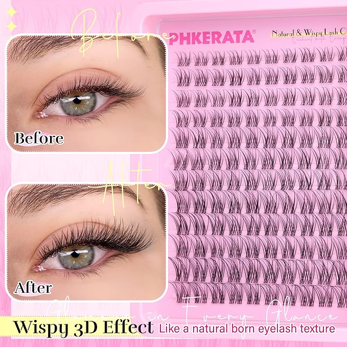 PHKERATA Natural Lash Clusters Invisible Band Eyelash Clusters Wispy Lashes Clusters 120 pcs C Curvature Cluster Eyelash Extensions DIY Thin Clear Band Individual Lashes at Home, 8-16mm