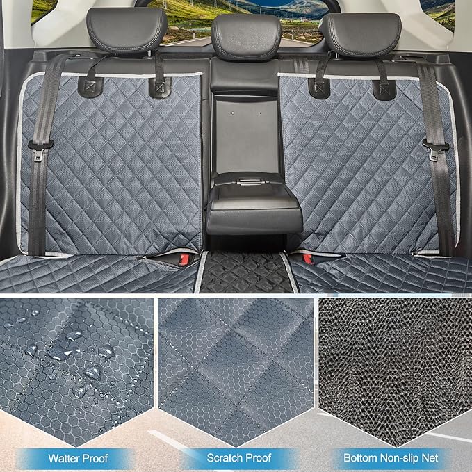 Grey Dog Car Seat Cover for Back Seat,Non-Stick Fur,Pet-Friendly and Waterproof - Universal Fit Interior Protector for Auto, Van, SUV - Ideal for Kids and Pets
