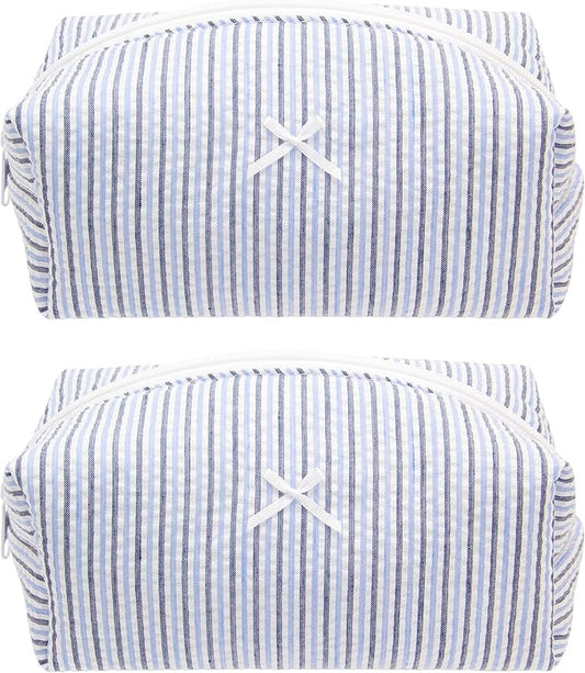 PAZIMIIK 2PCS Cozy Makeup Bag Small Aesthetic Travel Zipper Cosmetic Pouch for Women Make Up Beauty Accessories Brushes, Stripe Blue Mix