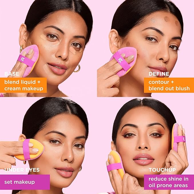 Real Techniques Miracle 2-In-1 Powder Puff + Travel Case, Dual-Sided Makeup Blending Puff, Elastic Band, Precision Makeup Sponge & Powder Puff, For Liquid, Cream & Powders, Travel Case, 2 Count