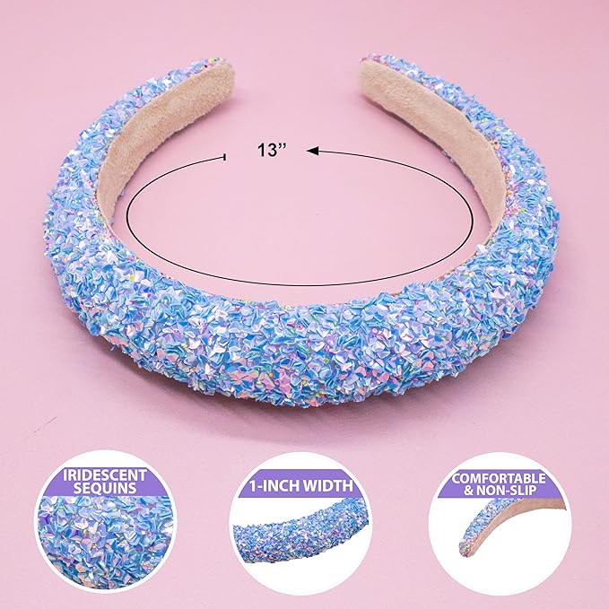 FROG SAC Sequin Headband for Girls, Sparkly Puffy Hair Band for Kids, Padded Toddler Head Bands, Sparkle Girl Hair Accessories (Blue, Child)
