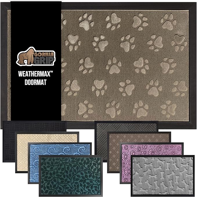 GORILLA GRIP 100% Waterproof All-Season WeatherMAX Doormat US Designed Natural Rubber, Stain and Fade Resistant, Low Profile Indoor Outdoor Door Mats, Easy Clean Patio Mat, 17x29, Tan Pawprints