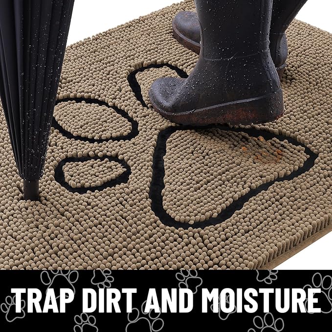 Smiry Dog Door Mat for Muddy Paws, Absorbent Dirt Trapper Non Slip Quick Dry Washable Chenille Mat for Mud Dogs, Entry Rug for Indoor and Outdoor (36x24 Inches, Camel and Black)