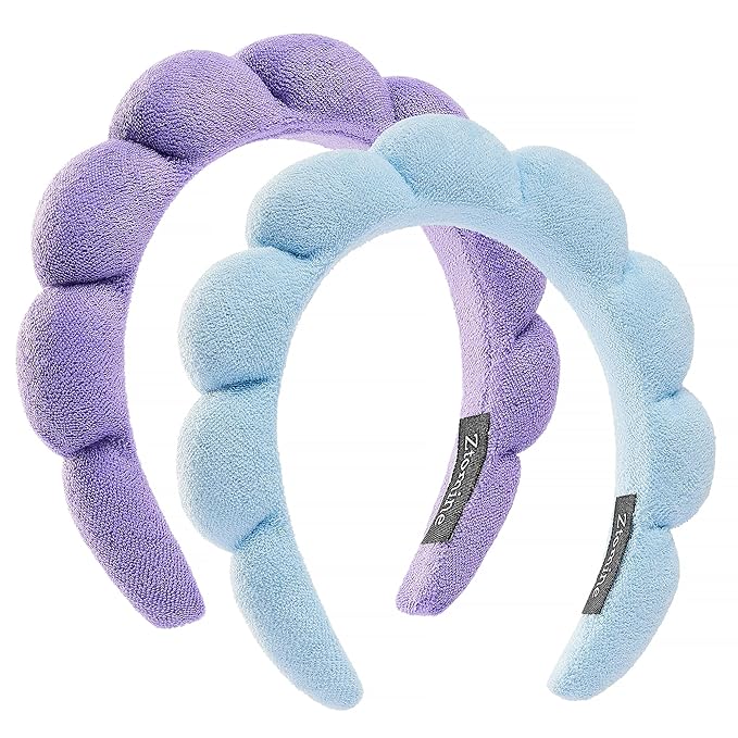Hairband, Set of 2 - Thick Absorbent Terry Cloth Spa Headbands in Blue and Light Purple for Washing Face or Facial, Puffy Makeup Headbands for Face Washing, Mask Combo Pack