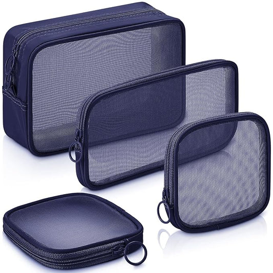 Weewooday 4 Pcs Mesh Makeup Bag Mesh Cosmetic Bag Travel Toiletry Pouch with Zipper Mini Makeup Cosmetic Purse for Daily Accessory(Small, Large, Medium,Navy Blue)