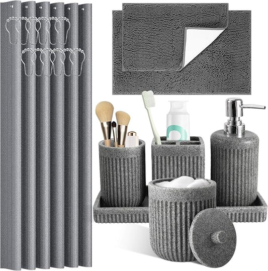 XLHOMO 8-Piece Grey Bathroom Set - Resin Bathroom Accessories Sets Complete with Shower Curtain and Rugs, Soap Dispenser, Toothbrush Holder, Tumbler & Apothecary Jars