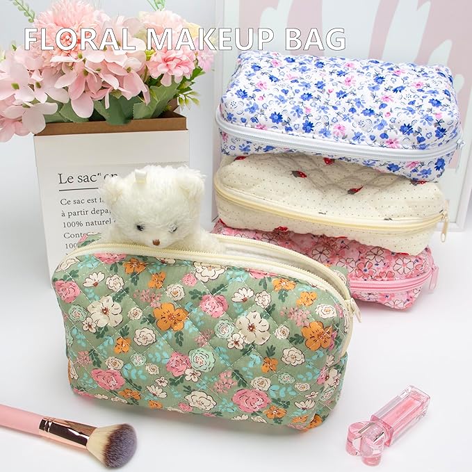 PAZIMIIK 6PCS Vintage Quilted Makeup Bag SET Cosmetic Pouch for Brushes Pencils and Travel Make Up Accessories for Women and Girls Floral Green