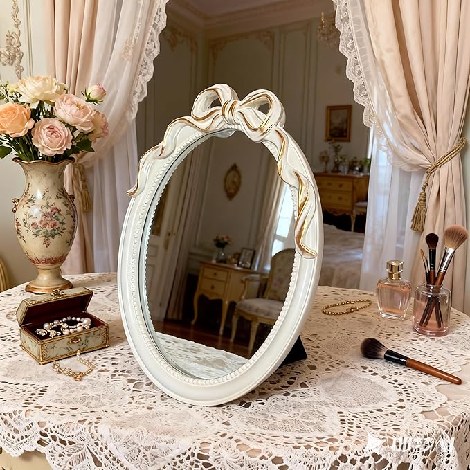 Vintage Vanity Desk Mirror -13x10Inch Wall-Mounted & Tabletop Decorative Ornate Gold Accent Retro Makeup Mirror for Bedroom Dresser Bathroom Living Room Oval