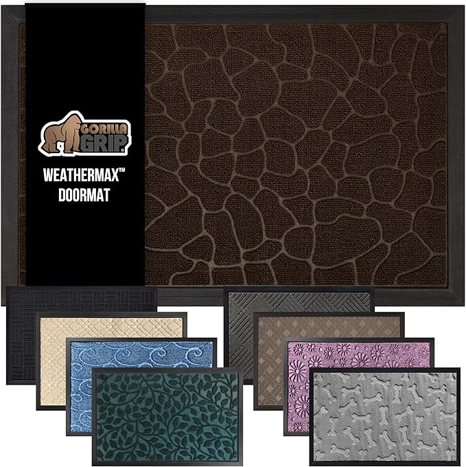 GORILLA GRIP 100% Waterproof All-Season WeatherMAX Doormat, 47x35, US Designed Natural Rubber, Stain and Fade Resistant, Low Profile Indoor Outdoor Door Mats, Easy Clean Patio Mat, Dark Brown Pebble
