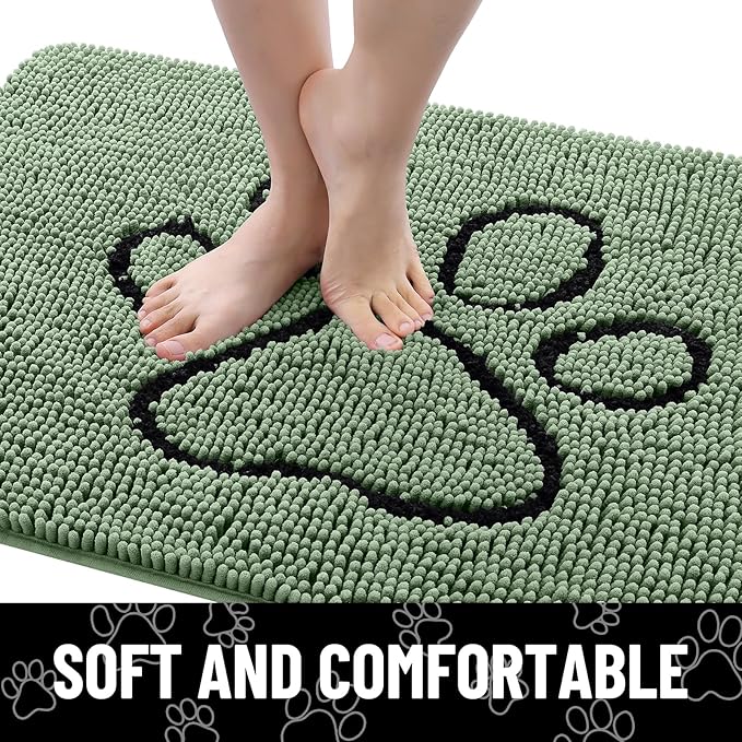 Smiry Dog Door Mat for Muddy Paws, Absorbent Dirt Trapper Non Slip Quick Dry Washable Chenille Mat for Mud Dogs, Entry Rug for Indoor and Outdoor (40x32 Inches, Olive Green and Black)