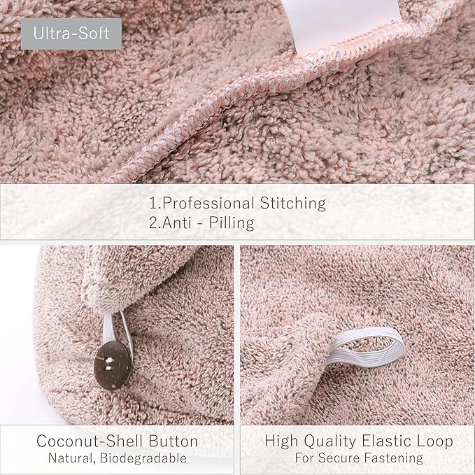 myHomeBody Hair Towel Wrap, Luxury Quick Drying Turban, Ultra Soft Absorbent Charcoal Fiber Cap, with Coconut Shell Button - Pink