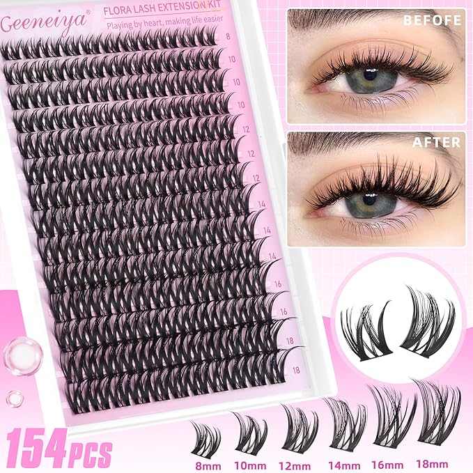 Geeneiya FLORA Lashes Clusters Kit DIY Lash Extension, 8-18MM Wispy Lash Clusters, Ultra-thin Band Eyelash Extension Kit with Waterproof Black Lash Bond and Seal, Lash Remover, Tweezers for Beginners