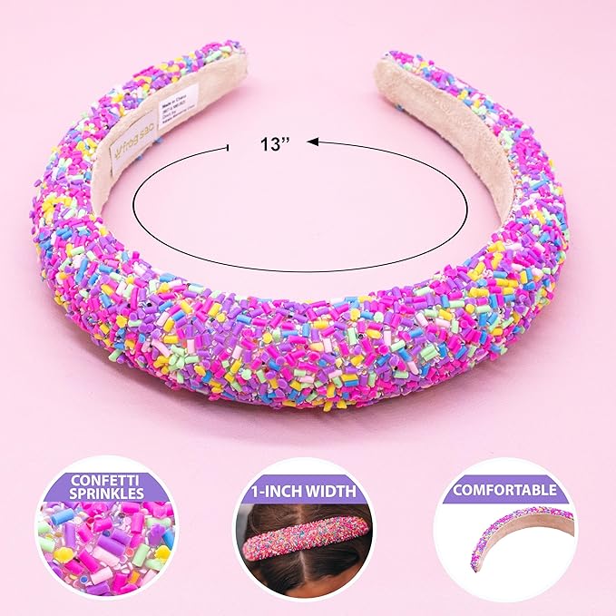 FROG SAC Sprinkle Headbands for Girls, Purple Padded Confetti Head Band for Kids, Thick Puffy Hair Bands for Children, Wide Little Girl Hairband Hair Accessories