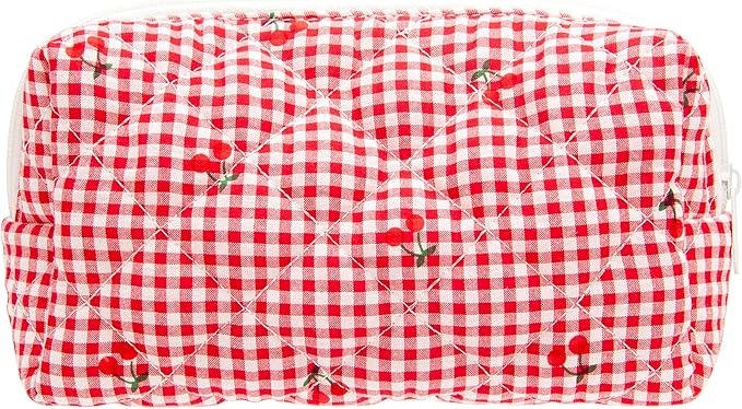 PAZIMIIK Vintage Quilted Makeup Bag Cosmetic Pouch for Brushes Pencils and Travel Make Up Accessories for Women and Girls Plaid Cherry