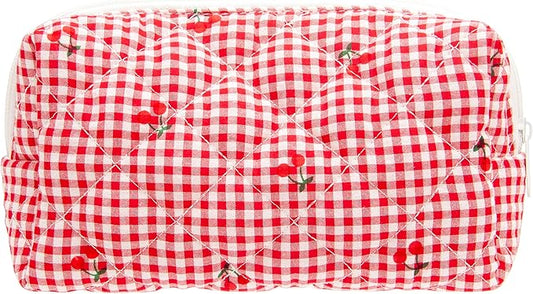 PAZIMIIK Vintage Quilted Makeup Bag Cosmetic Pouch for Brushes Pencils and Travel Make Up Accessories for Women and Girls Plaid Cherry