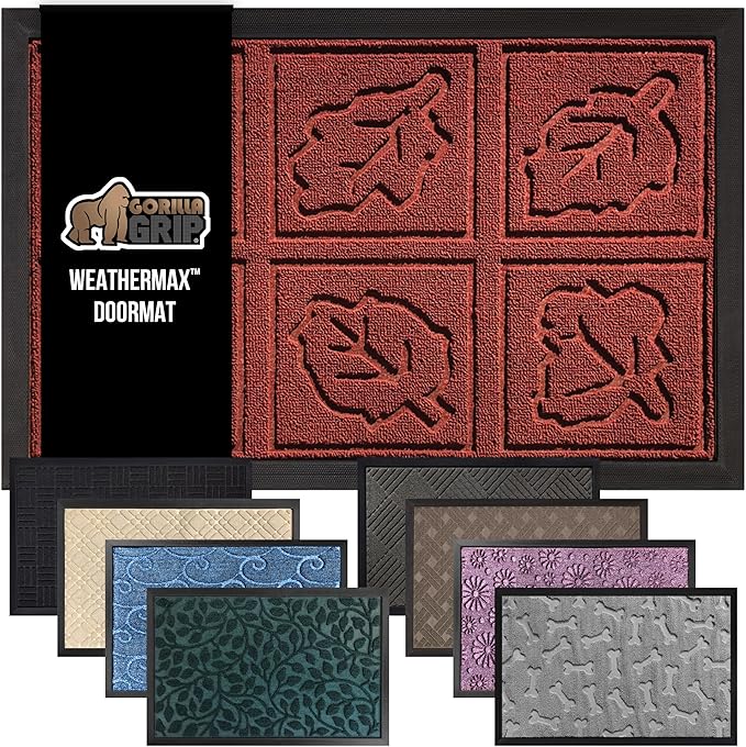 GORILLA GRIP 100% Waterproof All-Season WeatherMAX Doormat 35x23, US Designed Natural Rubber, Stain and Fade Resistant, Low Profile Indoor Outdoor Door Mats, Easy Clean Patio Mat, Burgundy Leaves