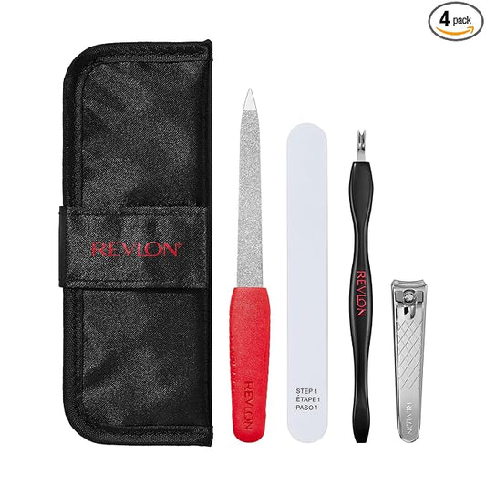 Revlon Manicure Essentials Kit with Travel Case, Nail Care Set with Dual Ended Cuticle Trimmer, Curved Blade Clippers, Compact Emeryl File & Buffer (Pack of 1)