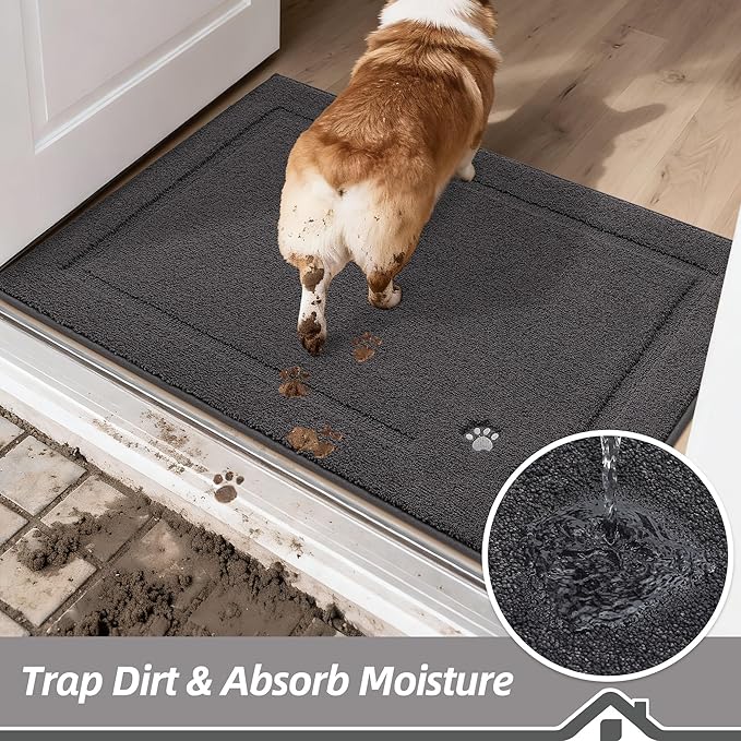BEQHAUSE Dog Door Mat for Mud Paws Dirt Trapper Doormat Non-Slip Entryway Rugs Absorbent Welcome Mat Washable Indoor Floor Mat Low-Profile for Front Door, 36" x 60", Dark Grey