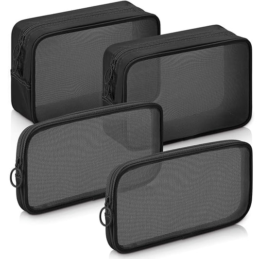 Weewooday 4 Pcs Mesh Makeup Bag Mesh Cosmetic Bag Toiletry Pouch with Zipper Mini Makeup Cosmetic Purse for Daily Accessory (Large,Medium,Black)
