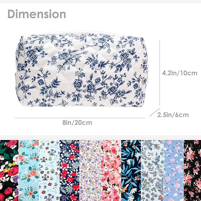 PAZIMIIK Vintage Quilted Makeup Bag Cosmetic Pouch for Brushes Pencils and Travel Make Up Accessories for Women and Girls Jouy Blue