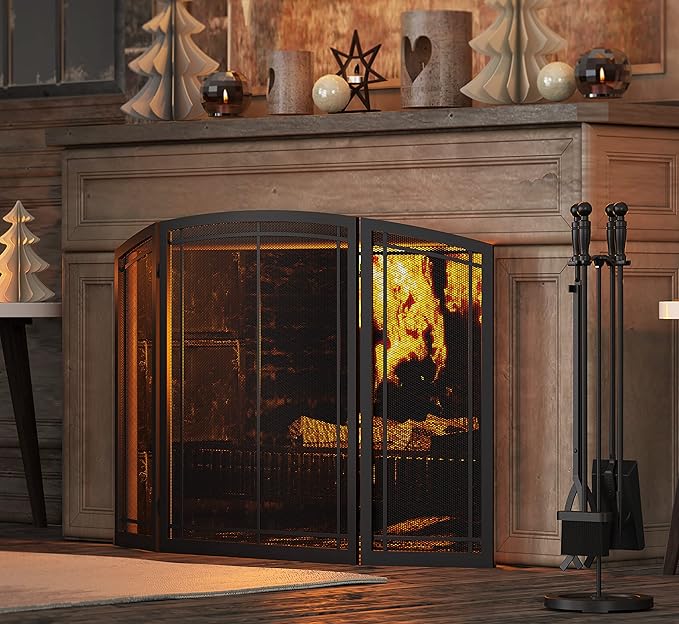 Fire Beauty Fireplace Tools Set 5 Pieces Wrought Iron Fire Place Pit Poker Holder 31" H (Black)