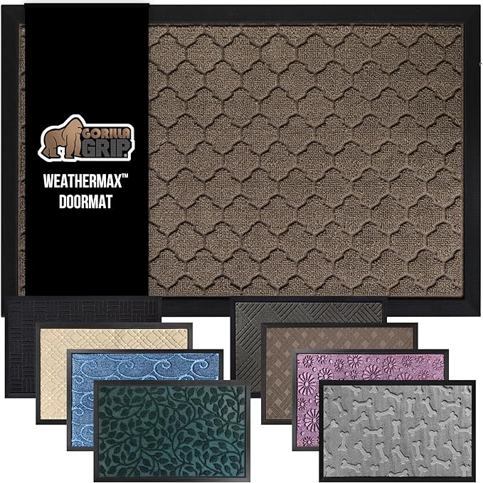 GORILLA GRIP 100% Waterproof All-Season WeatherMAX Doormat 35x23, US Designed Natural Rubber, Stain and Fade Resistant, Low Profile Indoor Outdoor Door Mats, Easy Clean Patio Mat, Latte Quatrefoil