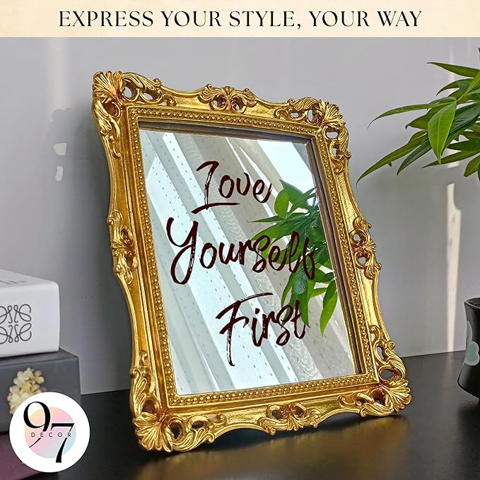 97 Decor Antique Gold Wall Mirror Vintage Decor - Square Gold Decorative Mirror for Table Top and Wall Mounting, Vintage Mirrors Frame for Home, Bedroom, Makeup Room (11x9.5 Inch)