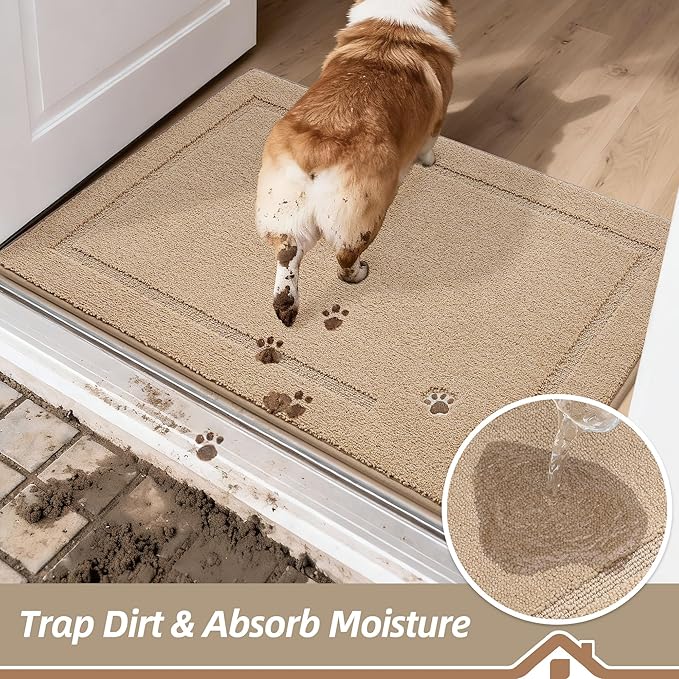 BEQHAUSE Dog Door Mat for Mud Paws Dirt Trapper Doormat Non-Slip Entryway Rugs Absorbent Welcome Mat Washable Indoor Floor Mat Low-Profile for Front Door, 24" x 36", Beige