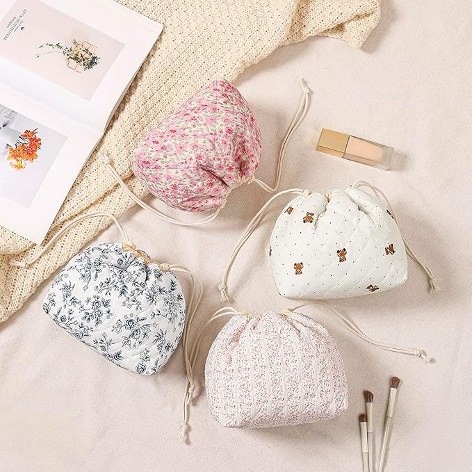 Cotton Quilted Drawstring Makeup Bag with Canvas Lining,Coquette Aesthetic Cute Travel Toiletry Bag,Drawstring Gift Bag for Women and Girls（16Dark Blue）