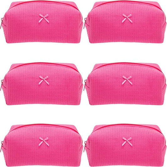 PAZIMIIK 6PCS Cozy Makeup Bag Travel Cosmetic Bag for Women Soft Toiletry Bag Aesthetic Makeup Organizer Portable Large Zipper Pouch for Skincare Beauty Accessories Brushes Waffle Hotpink