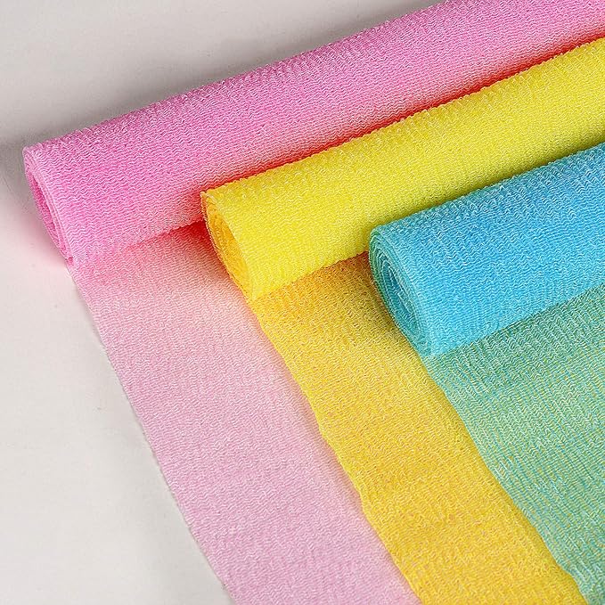 ARCH&M Exfoliating Shower Towel – 35-Inch Japanese Beauty Washcloth Back Scrubber for Daily Use – Textured Poly Nylon Body Exfoliating Towel for Smoother-Looking Skin, Quick-Dry, 3 Pack