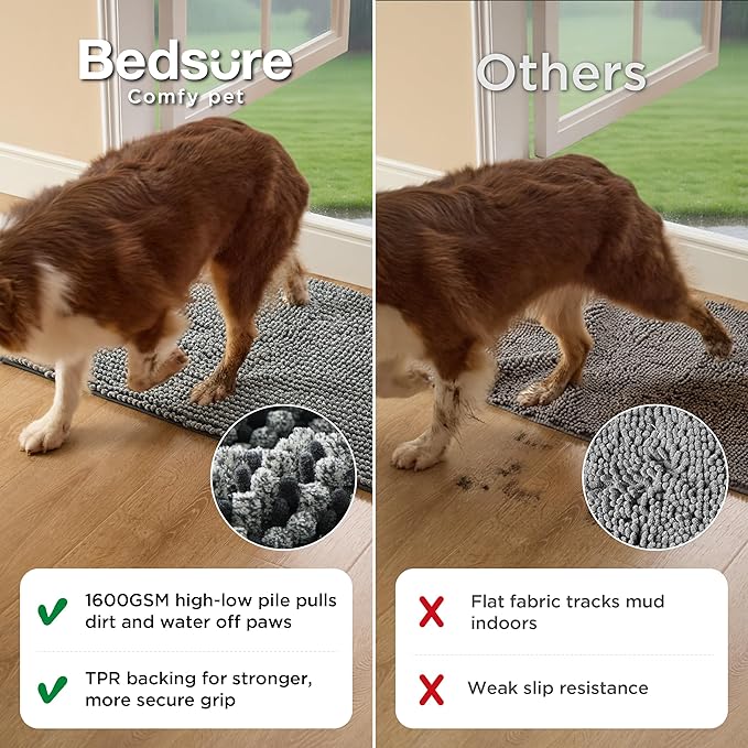 Bedsure Dog Door Mat for Muddy Paws, High-Low Absorbent Chenille Indoor Entrance Mud Dirt Trapper Soak-Stopper, Machine Washable Non-Slip Entryway Rug for Pets, 35"x24" Grey