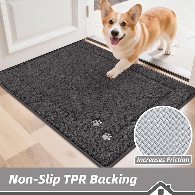 BEQHAUSE Dog Door Mat for Mud Paws Dirt Trapper Doormat Non-Slip Entryway Rugs Absorbent Welcome Mat Washable Indoor Floor Mat Low-Profile for Front Door, 20" x 32", Dark Grey