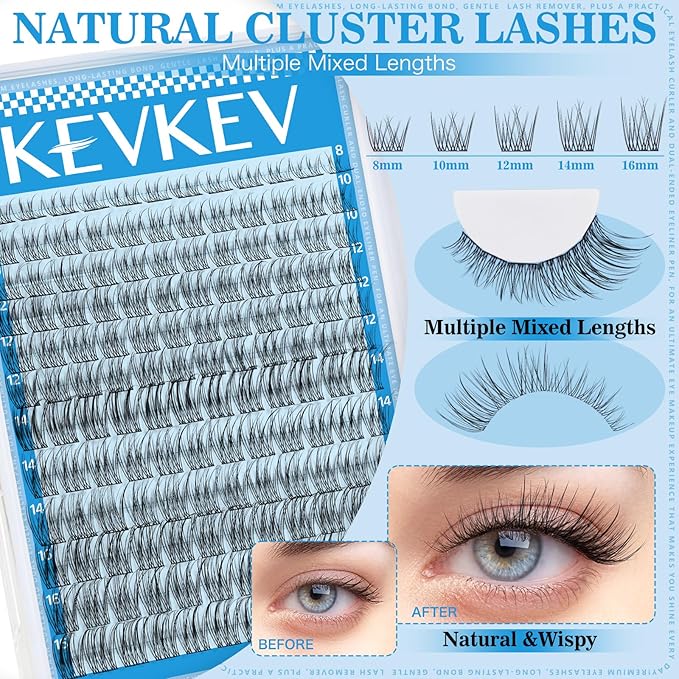 KEVKEV Wispy Lash Clusters Kit Invisible Thin Band Natural Eyelash Clusters 8-16mm Lash Extension Kit Mix Length Natural Look Cluster Eyelash Extensions With Lash Bond Lash Tweezers DIY Lash At Home