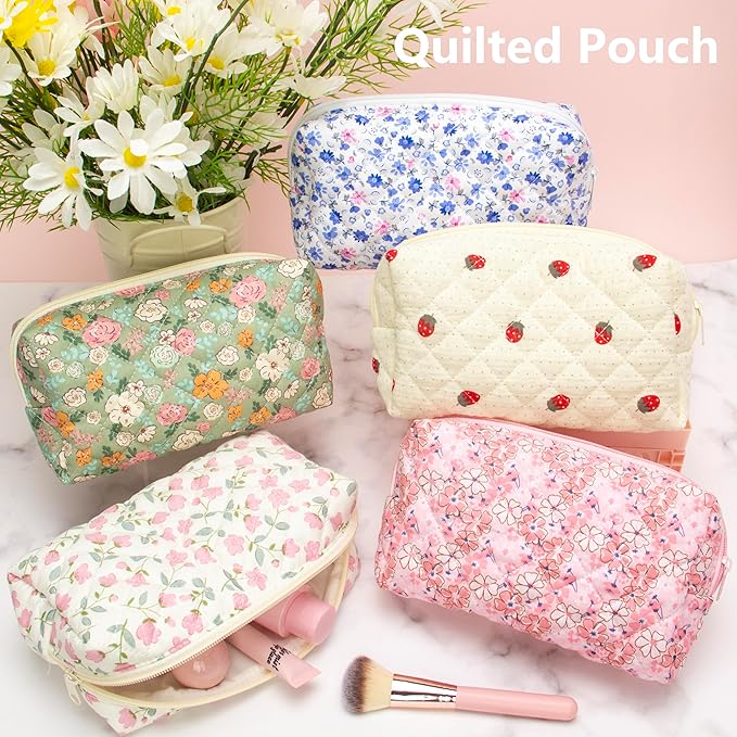 PAZIMIIK 6PCS Vintage Quilted Makeup Bag SET Cosmetic Pouch for Brushes Pencils and Travel Make Up Accessories for Women and Girls Flower White