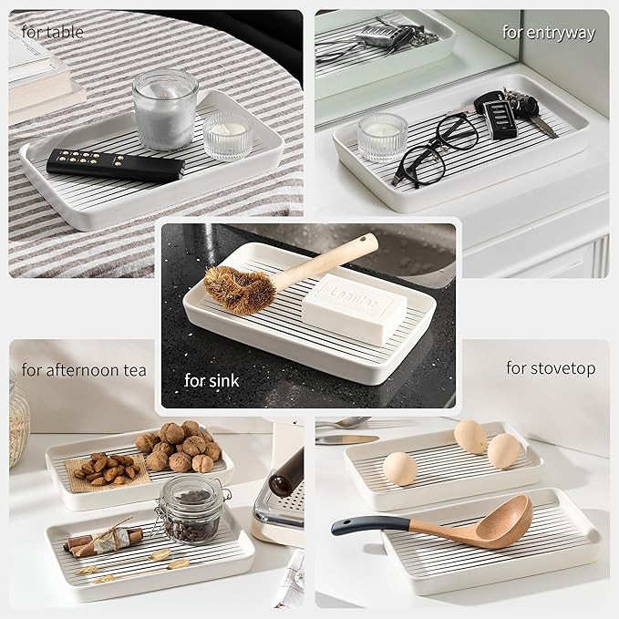 Pottify Bathroom Vanity Tray for Countertop,2PC Rectangle Striped Tray,Decorative Bathroom Organizer for Scrubber, Lotion Bottles, Perfume, Jewelry, Candle, Key Trinket Ring(Large,White)