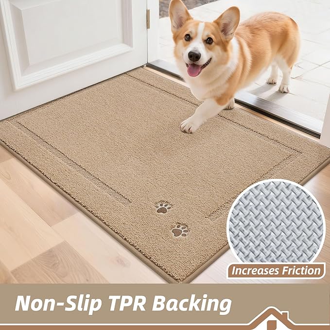 BEQHAUSE Dog Door Mat for Mud Paws Dirt Trapper Doormat Non-Slip Entryway Rugs Absorbent Welcome Mat Washable Indoor Floor Mat Low-Profile for Front Door, 24" x 36", Beige