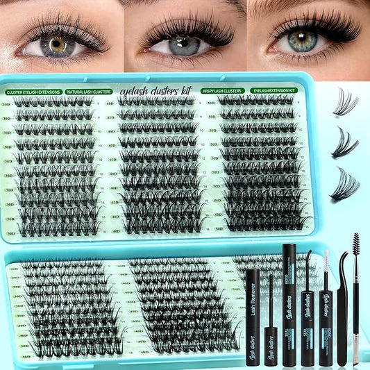 Wispy Lash Clusters Kit, D Curl Lashes Clusters Natural Look 9-16mm Individual Super Thin Band DIY Cluster Eyelash Extensions Kit with Bond Seal Tweezers Brush Remover (30D 40D 50D Mix)