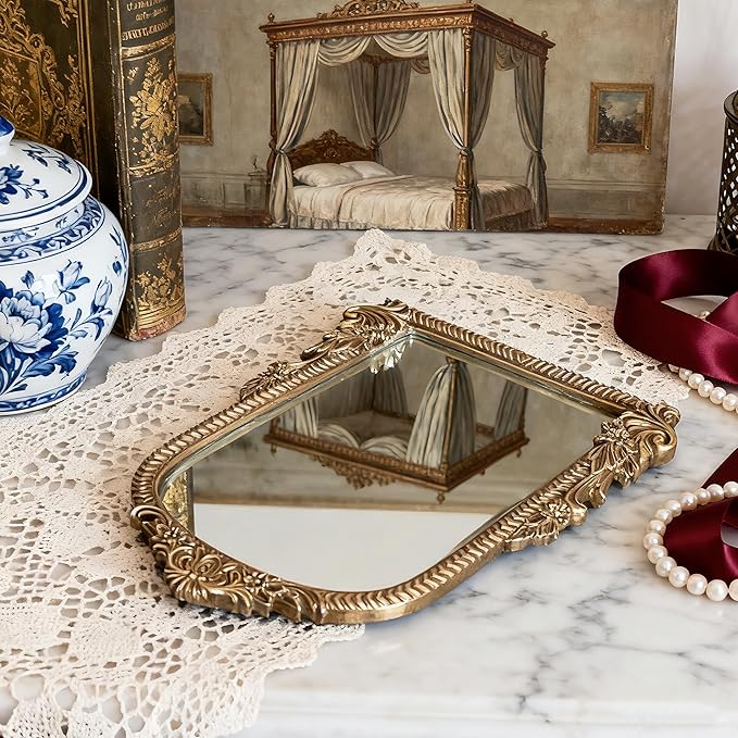 Baroque Champagne Gold Vintage Vanity Mirror 13x10 Inch, Wall-Mounted & Tabletop Dual-Use, Ornate Gold Accent Retro Decorative Mirror for Bedroom Dresser, Bathroom, Living Room and Dorm