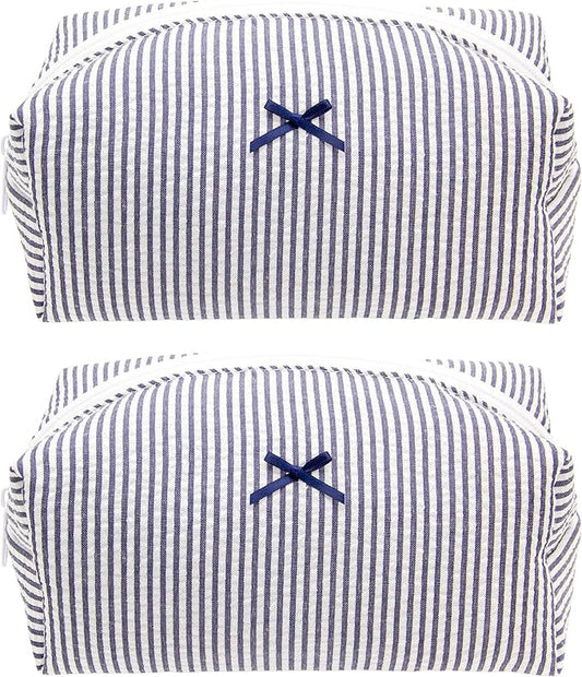 PAZIMIIK 2PCS Cozy Makeup Bag Small Aesthetic Travel Zipper Cosmetic Pouch for Women Make Up Beauty Accessories Brushes, Stripe Navy Blue
