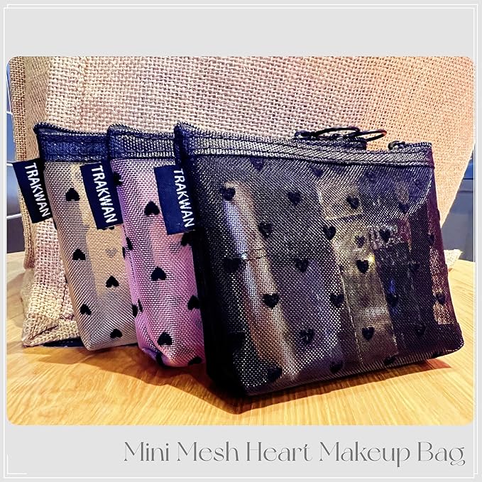 Mini Heart Makeup Bag Set, Zipper Mesh Cosmetic Bags for Women, Lipstick Cosmetic Organizer Bag, Travel Pouch (Black-6pcs)