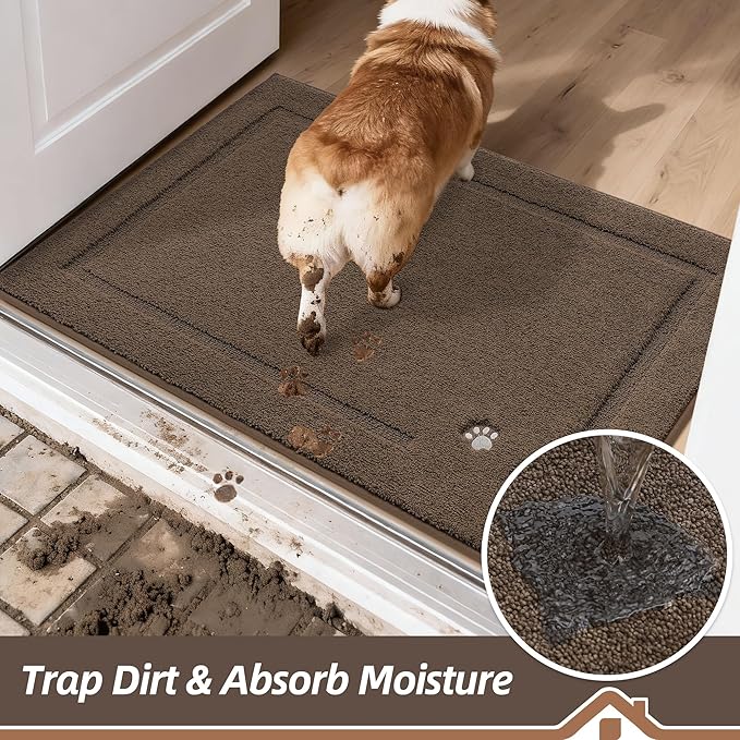 BEQHAUSE Dog Door Mat for Mud Paws Dirt Trapper Doormat Non-Slip Entryway Rugs Absorbent Welcome Mat Washable Indoor Floor Mat Low-Profile for Front Door, 24" x 36", Brown