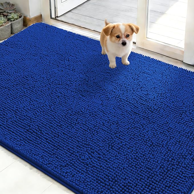 OLANLY Dog Door Mat for Muddy Paws 48x30, Absorbs Moisture and Dirt, Absorbent Non-Slip Washable Doormat, Quick Dry Chenille Mud Mat for Dogs, Entry Indoor Entryway Carpet for Inside Floor, Royal Blue
