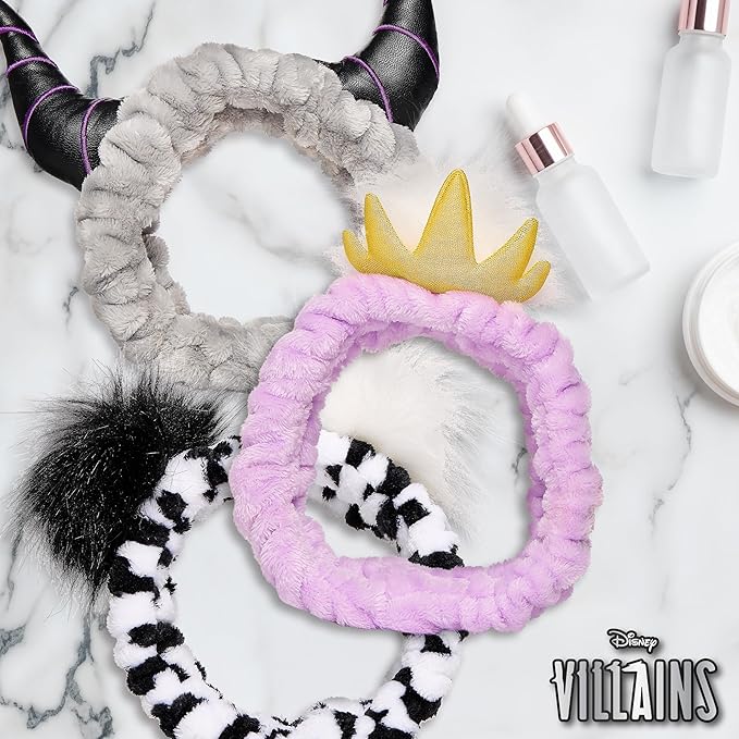 Disney Spa Headband, Soft, Plush, Adjustable, and Fun Hair Accessory for Skincare and Makeup Routines, Villains by Belle Maison