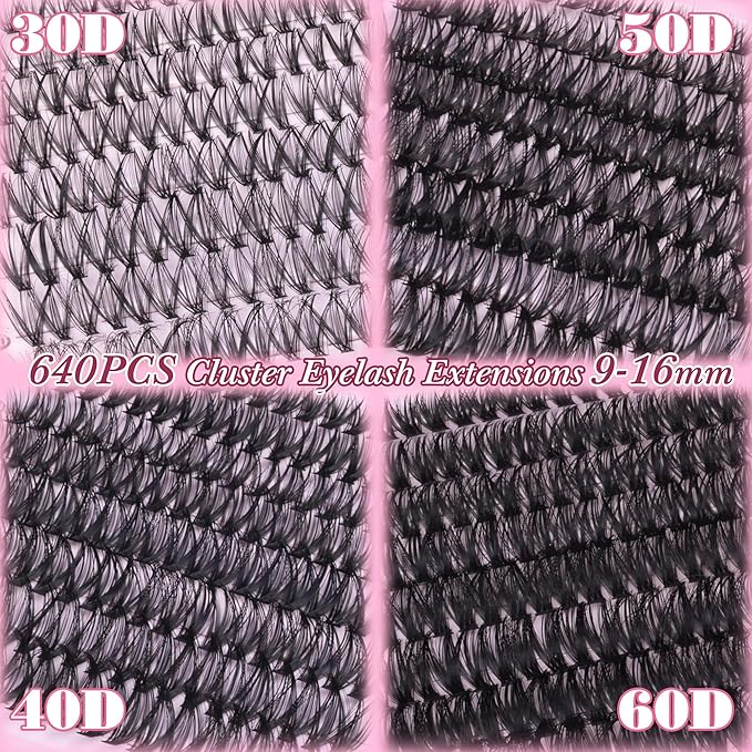 Lash Clusters 640PCS Natural Eyelash Clusters 30D 40D 50D 60D Wispy Cluster Eyelash Extensions 4 Styles Pestañas Postizas Naturales 9-16mm DIY Individual Lashes Extensions Soft Lash Band by zenotti